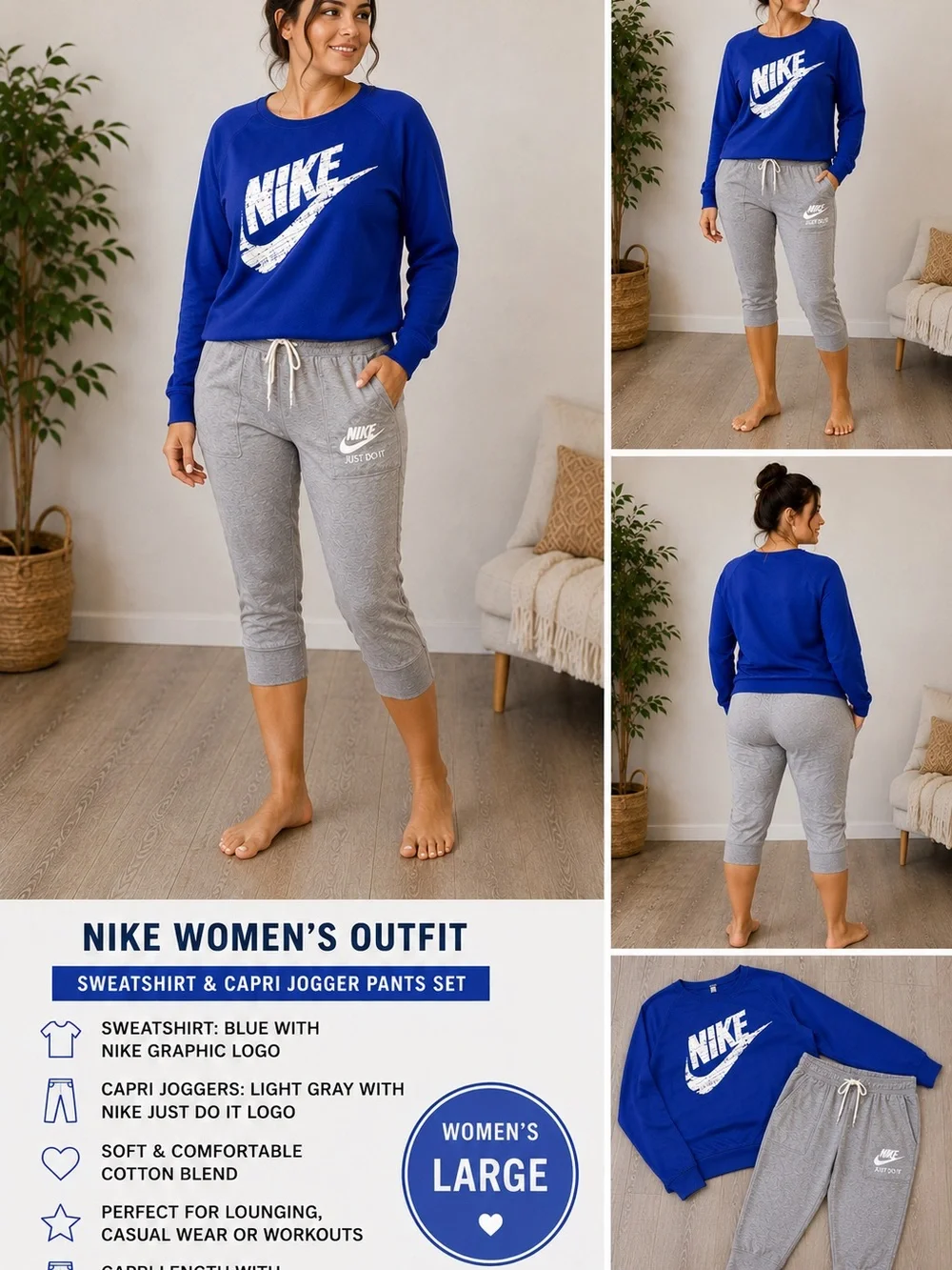 Nike Royal Blue Sweatshirt with Light Gray Capri Joggers
